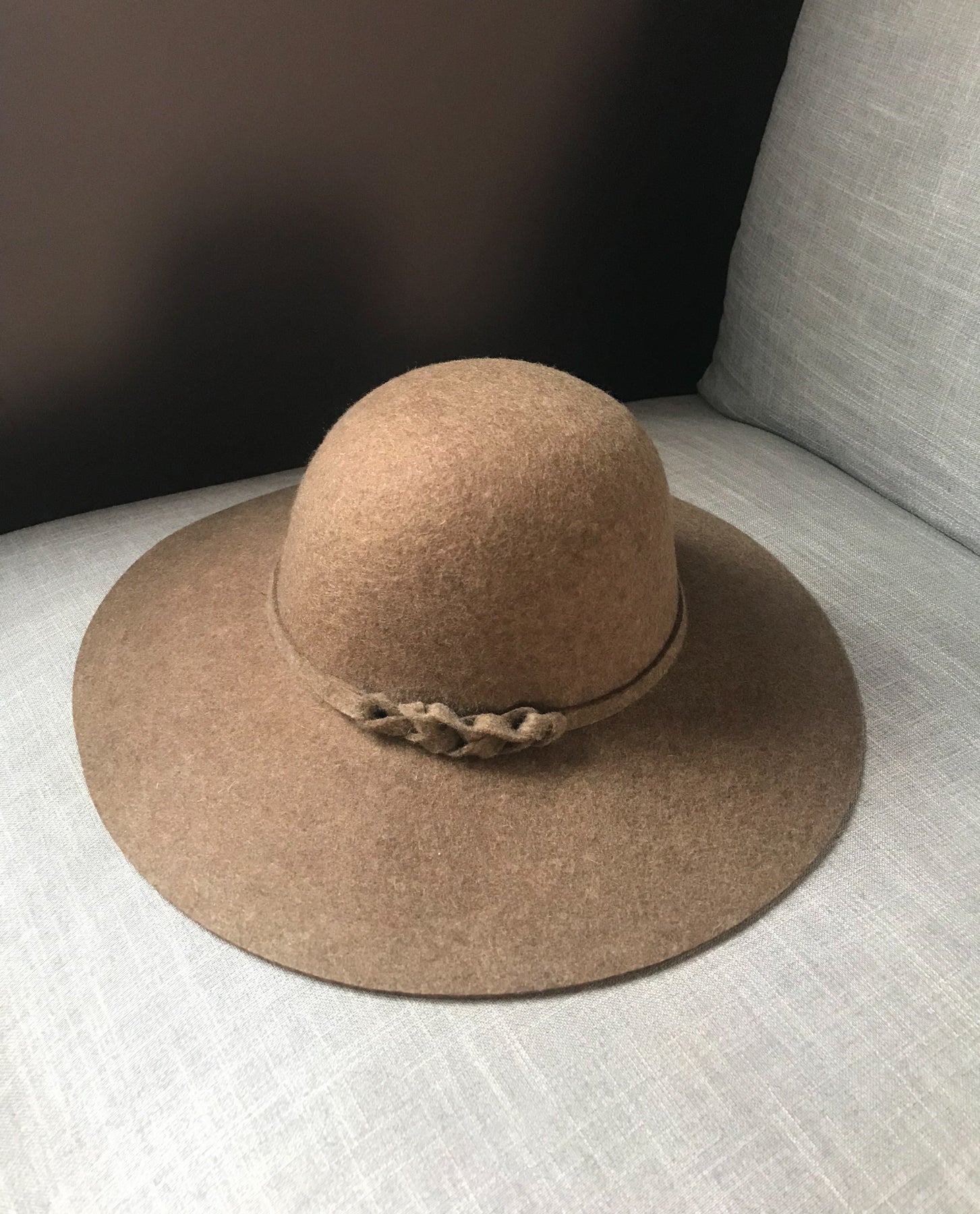 Tan Wool Felt Floppy Hat With Trim