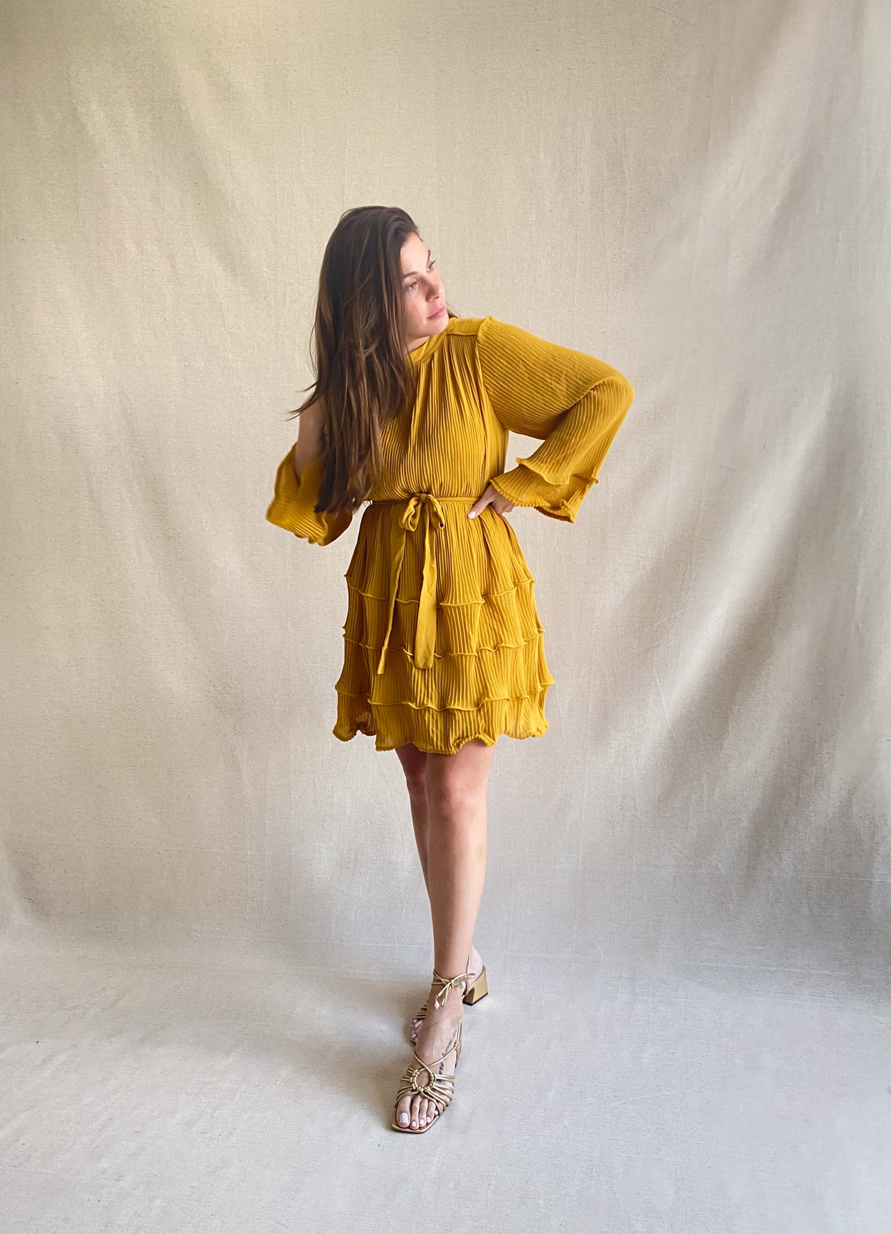 Mustard Pleated Ruffle Mini Dress