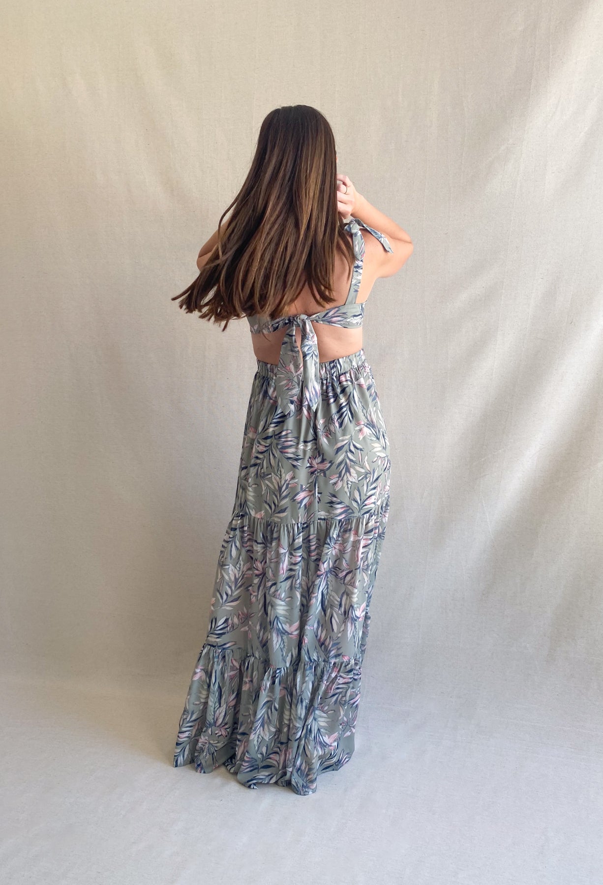 Green Leaf Back Tie Floral Maxi Dress