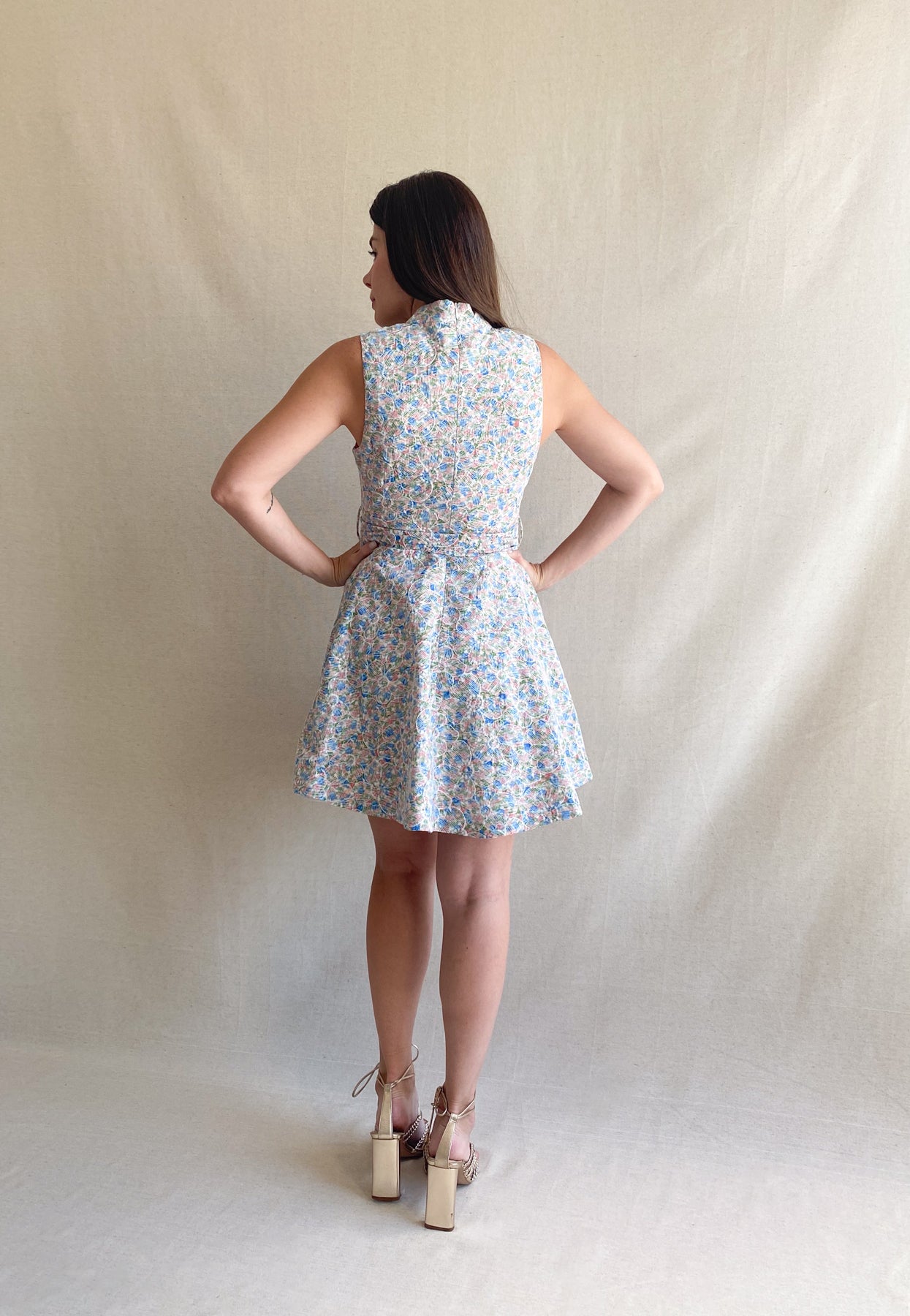 Pink Blue Floral Print Short Dress