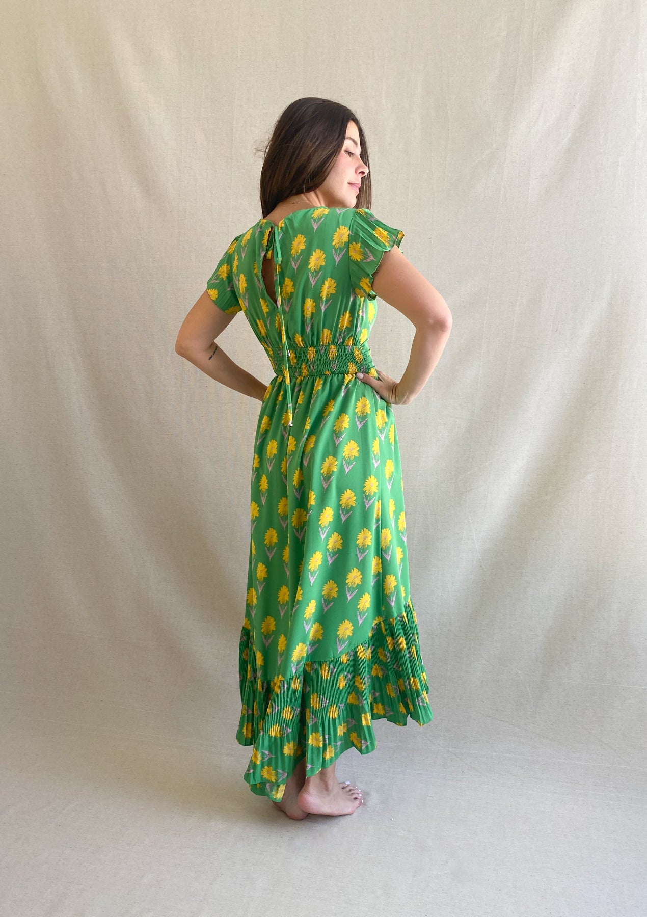 Green High Low Print Midi Dress