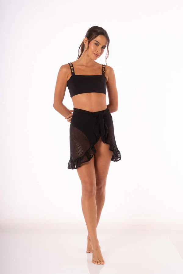 BLACK RUFFLE KNIT CROCHET MINI SKIRT